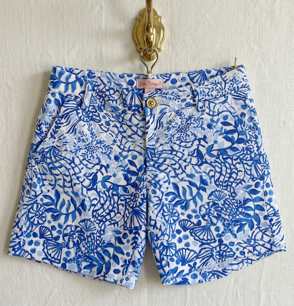 Lilly Pulitzer Callahan Stretch Shorts Blue White Sea Shells Coastal Size 00